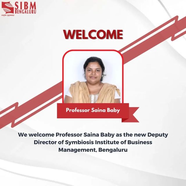 SIBM Bengaluru is honored to introduce Professor Saina Baby as our new Deputy Director. 

We extend our heartfelt congratulations to her and express our confidence that her role will significantly impact our institute. We wish her all the best for her future endeavors.

#LifeAtSIBMB #SIBMBengaluru #MBALife #Management